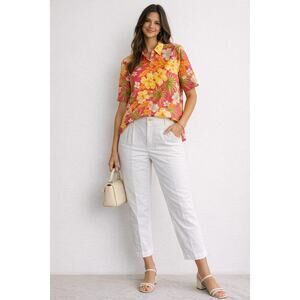 Erika Tropical Shirt Medium Pink Floral Top Kim Rogers White Pants 12 Outfit